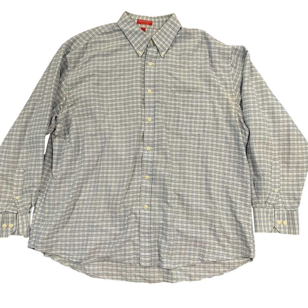 Izod Washed Oxford‎ Shirt Mens XL Blue White Grid Check Long Sleeve Button Down